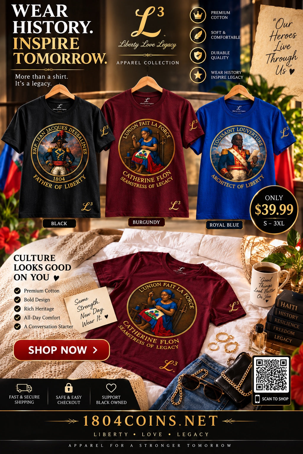 1804 Coins Liberty Love Legacy heritage tees in Black, Burgundy and Blue featuring Dessalines, Catherine Flon and Toussaint Louverture